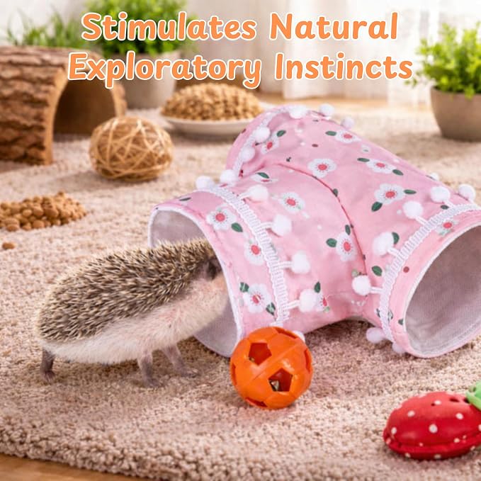 Hedgehog Cage Accessories Hideout Tunnel Small Animal, Tunnel and Bell Balls Toy set, Hedgehog Hideout with 2 pcs Toys, Small Animal Tubes for Hamster Guinea Pig Squirrel, Hedgehogs Accessories (Pink)