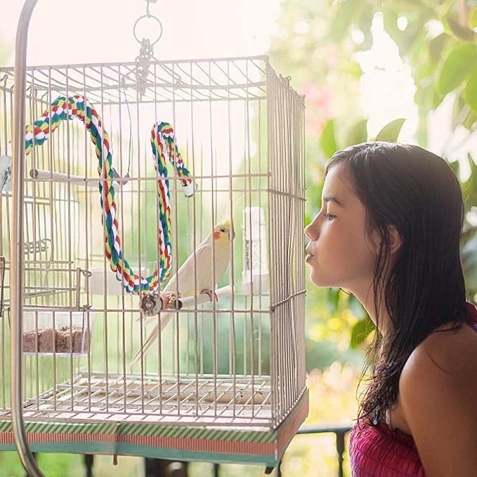 Mygeromon Bird Rope Perches Cage Climbing Accessories (41inch Metal nut) | for Parakeet, Parrot, Cockatiels, Budgie, Colorful