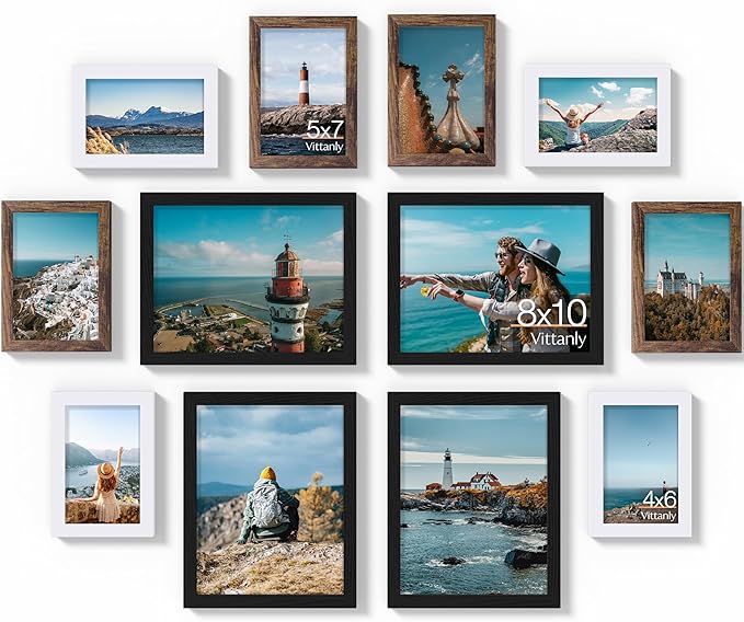 Vittanly 12 Pack Picture Frames Collage Wall Decor for Mounting or Tabletop Display, Gallery Wall Frame Set for Family, Multi Sizes Including 4pcs 8x10, 4pcs 5x7, 4pcs 4x6, Black, Brown and White