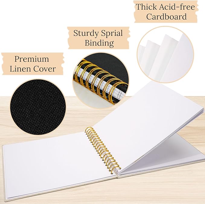 Scrapbook Photo Album Linen Cover, 12 x 12 Inch Hardcover Kraft White Pages Memory Book, for Travel Wedding Guest Book Christmas Baby Shower (40 Sheets/ 80 Pages,Black)