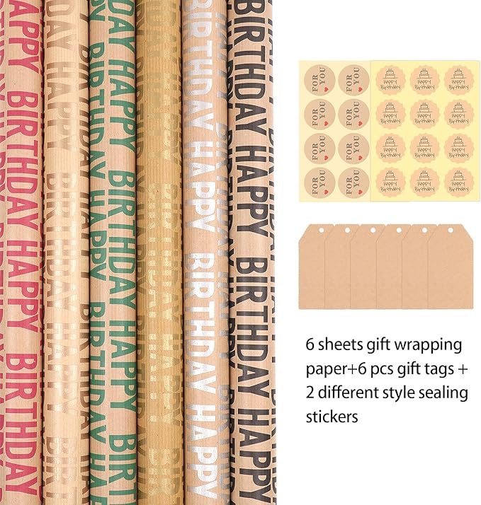 Birthday Wrapping Paper Set, 6 Sheets Kraft Brown Recycled Gift Wrapping Paper with Stickers, Gift Wrapping Paper with Happy Birthday Pattern Design for Kids Girls Women Boys Men Adults, 20×28 inches