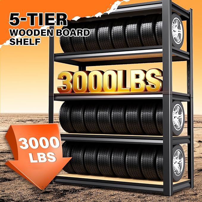 46''W Storage Shelves,3000LBS Garage Shelving,Adjustable Garage Shelves,Heavy Duty Metal Shelving, 5 Tier Wood Utility Steel Shelf, Easy-to-Install Shelving Units and Storage Rack for Kitchen