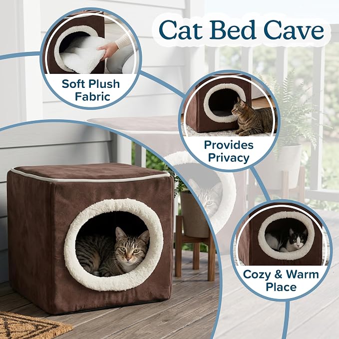 Cat House - Indoor Bed with Removable Foam Cushion - Cat Cave for Puppies, Rabbits, Guinea Pigs, and Other Small Animals by PETMAKER (Dark Brown) 13x13.5x12"