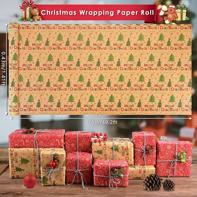 AhfuLife 2 Rolls Christmas Wrapping Paper - 17 Inch × 49.2 Ft Per Roll, Recyclable Red Kraft Xmas Wrapping Paper for Christmas Gift Box Decoration