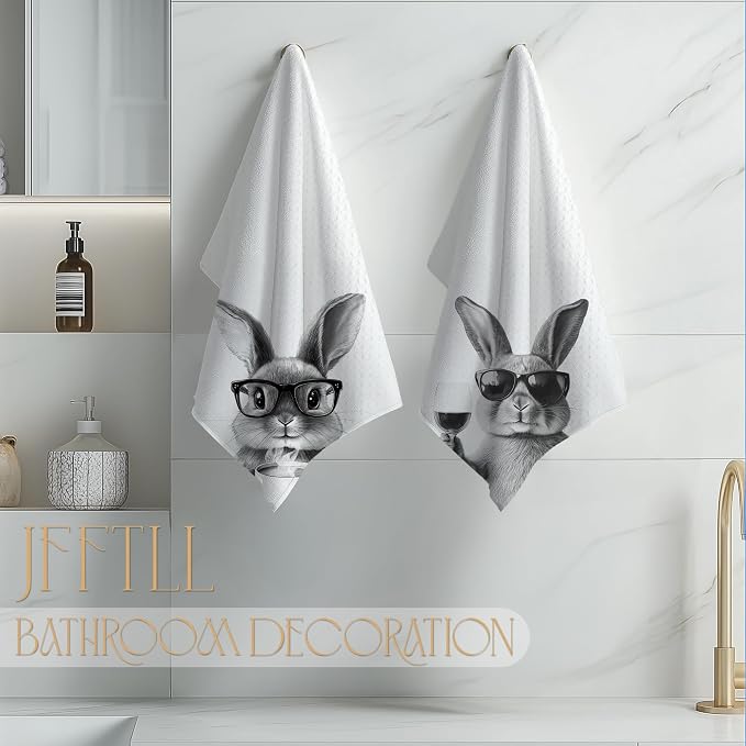 Funny Bunny Kitchen Towels Set of 2, Funny Kitchen Decor, Coffee Station Wine Bar Decor, Black and White Bunny Owner Gift Hand Towel, Dining Room Decorative Tea Towel Dish Towels 16x24 Inch