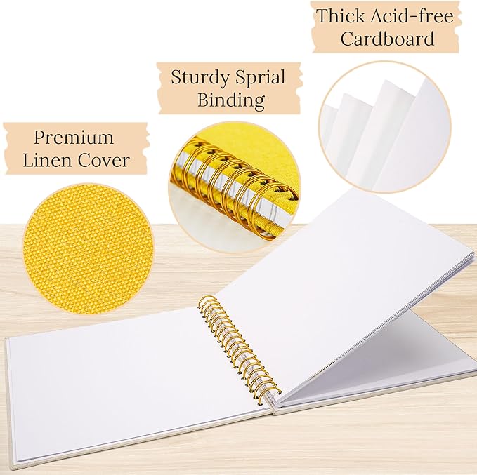 Scrapbook Photo Album Linen Cover, 8 x 8 Inch Hardcover Kraft White Pages Memory Book, for Travel Wedding Guest Book Christmas Baby Shower (20 Sheets/ 40 Pages,Yellow)