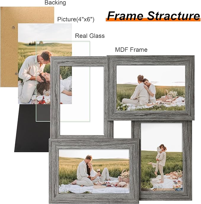 4x6 Collage Picture Frames, Multi Family Photo Frame with Real Glass, Displays Four 4x6 Photo, Wall Decor Wall Hanging or Tabletop, Grey