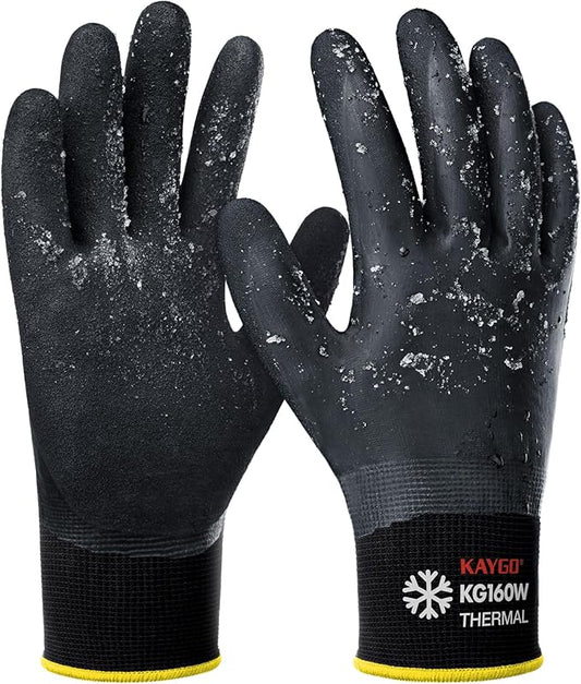 KAYGO Winter Waterproof Work Gloves for Men and Women, Thermal Insulated Freezer Rubber Coated Gloves,Super Grip, KG160 (XL, Black)