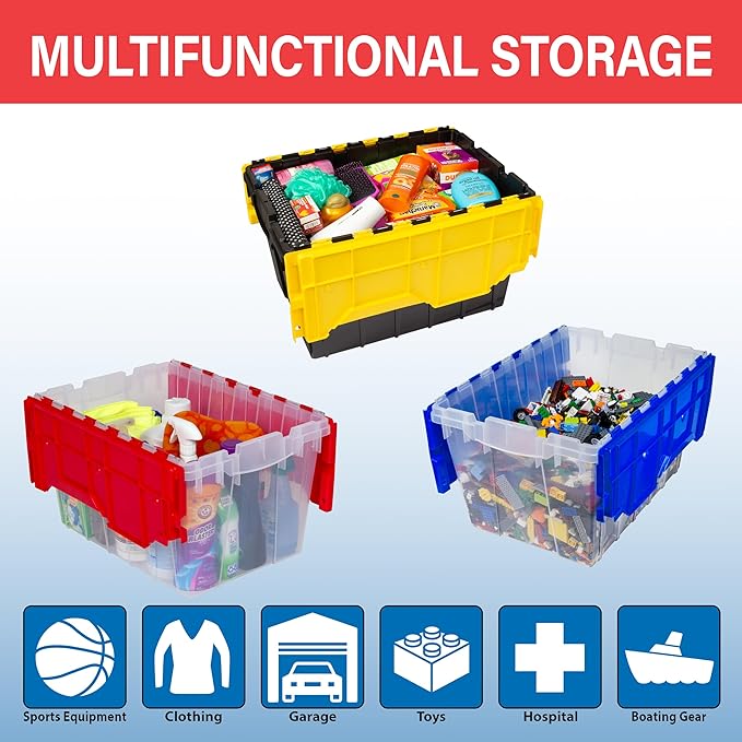 Akro-Mils KeepBox 12 Gallon Storage Container, Nesting and Stackable Plastic Storage Box with Lid Attached, Clear Tote for Garages, Closets, Moving, 21-1/2" x 15" x 12-1/2", Clear/Blue, Pallet of 48
