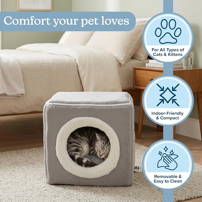 Cat House - Indoor Bed with Removable Foam Cushion - Cat Cave for Puppies, Rabbits, Guinea Pigs, Hedgehogs, and Other Small Animals by PETMAKER (Gray)