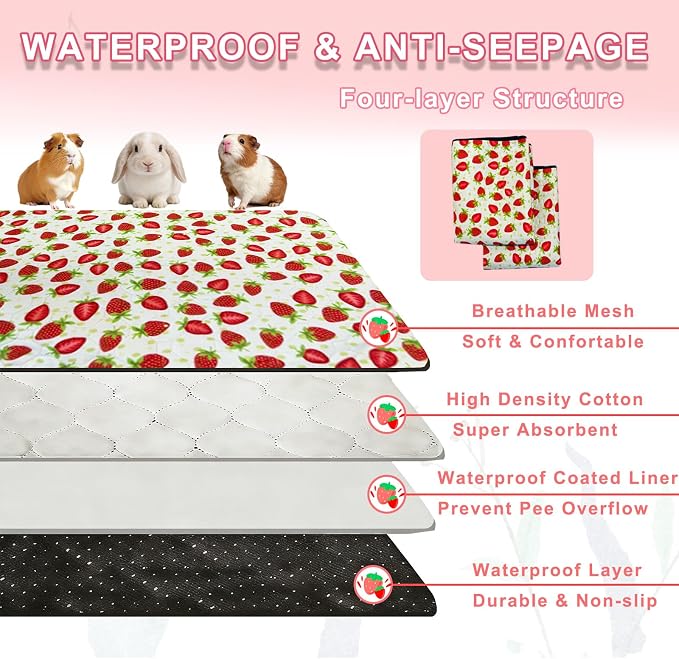 2 Pack Guinea Pig Cage Liners, 48"x 72" Washable Waterproof Bedding for Rabbit, Bunny, Hamster & Small Animals, Reusable Super Absorbent Pee Pads for C&C Cage, Strawberry Print