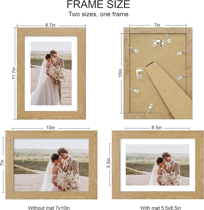 7x10 Picture Frame Set of 4, Made of Real Glass and Natural Oak Frame - Display Picture 5.5x8.5 with Mat or 7x10 Without Mat, 7 by 10 Photo for Wall or Tabletop