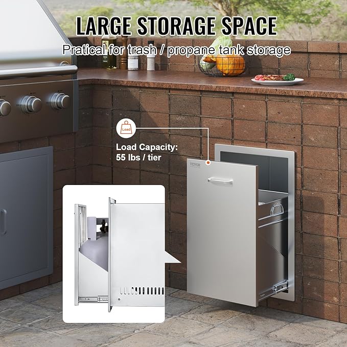 VEVOR Outdoor Kitchen Trash Drawer 16Wx22Hx16"D, Propane Tank Drawer, Stainless Steel Pull Out Trash with Handle, Outdoor Kitchen Cabinets Can Pull Out, BBQ Island Bin, Outside Trash Can Drawer