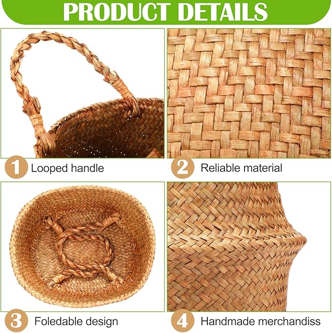 Qunclay 8 Pcs Woven Seagrass Baskets Belly Basket Folding Boho Natural Plant Pot with Handles Round Decorative Wicker Large Indoor Planter for Home Outdoor Tree Planters Decor (11 x 13 Inch)