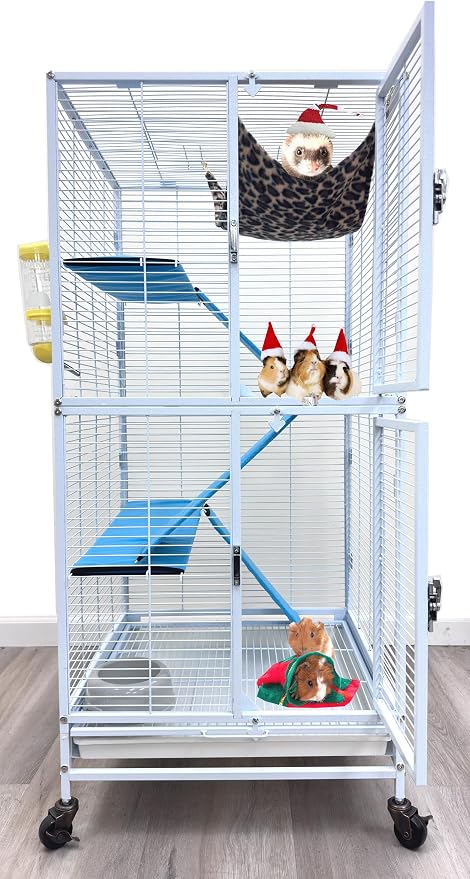 Two Full Story Deluxe Double Unit 4-Tier Chew-Proof Tight 1/2-Inch Bar Spacing Double Durable Front Doors Feisty Ferret Hammock Squirrel Chinchilla Rat Hamster Gerbil Small Animal Critter Rolling Cage
