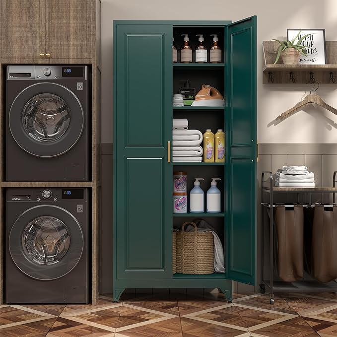 Kitchen Pantry Cabinet,75" Green Metal Storage Cabinets with Doors and 4 Adjustable Shelves,Kitchen Cabinet with 2 Gold Handles,Tall Cabinet for Livingroom,Pantry, Bathroom