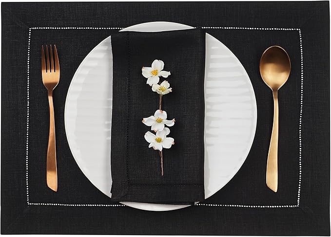 D'Moksha Homes Linen Placemats Set of 6 - Classic Hemstitch Black Placemats 14 x 19 Inch - 100% Pure Linen Table Mats for Fall, Thanksgiving, Holiday - Handcrafted and Machine Washable