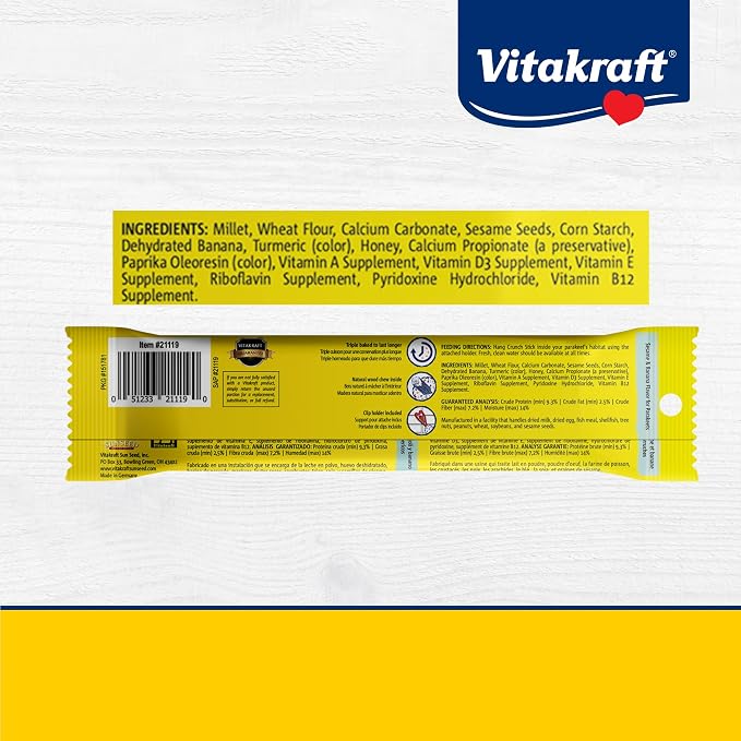 Vitakraft Crunch Sticks Parakeet Treat – 2 Sticks – Sesame and Banana Flavor - Triple Baked with Natural Wood Chew Center - Added Vitamins and Minerals with Cage Clip Holder