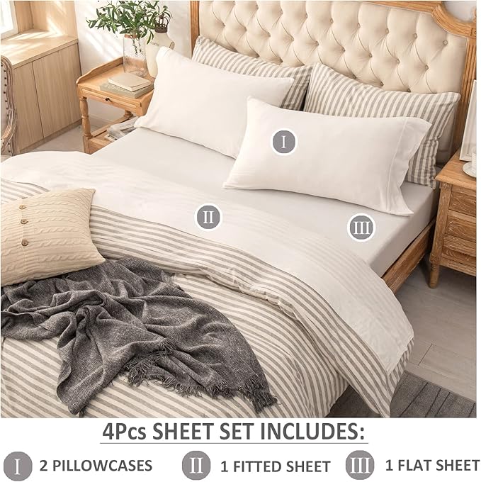 PURE ERA Jersey Knit 4pc Bed Sheet Set 100% T-Shirt Cotton Super Soft Comfy Breathable Fits Mattress Up to 20" Extra Deep Pocket (Solid Off White, King)