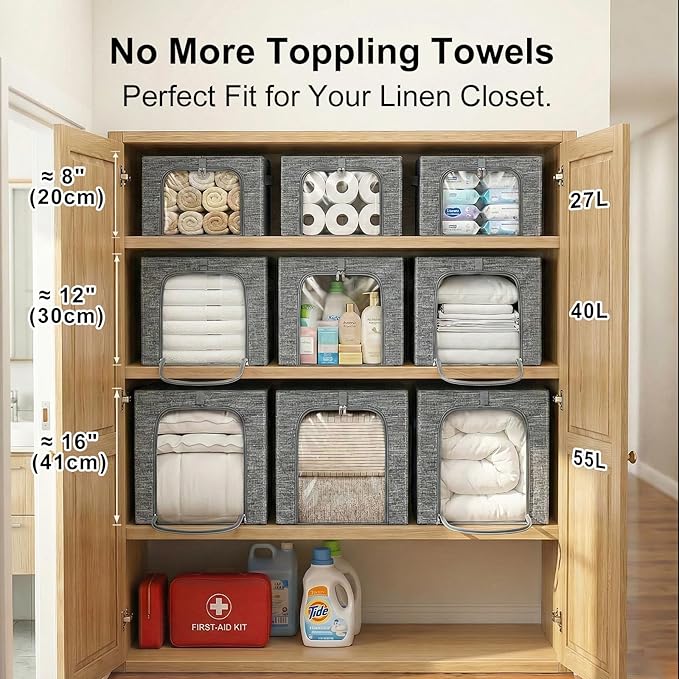 GoMaihe Clothes Storage Bin with Metal Frame: 6-Pack Stackable Closet Storage Bin with Lid & Clear Window, Sweater Boxes Storage for Closet Bedding Clothing Storage Organizer 40L