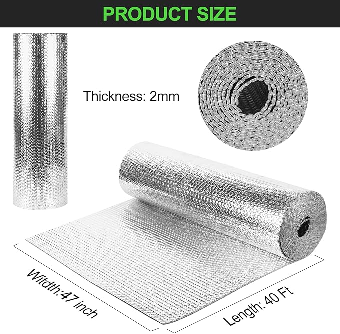 Reflective Insulation Roll 47inch x 40Ft Double Bubble Reflective Aluminum Foil Wrap Insulating Sheet Thermal Shield Radiant Barrier for Winter RV Window Thermal Cold Insulation Summer Heat - Silver