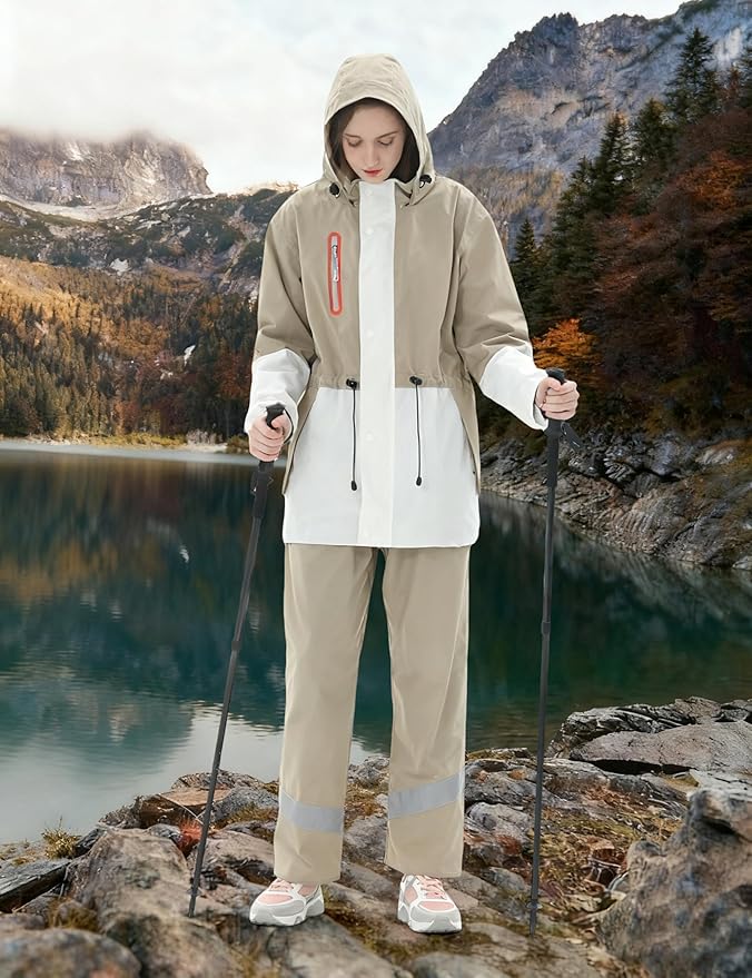 Rain Suit for Women Waterproof Hooded Rain Gear Rain Jacket and Pants 2 Piece Breathable Rain Coat Outdoor