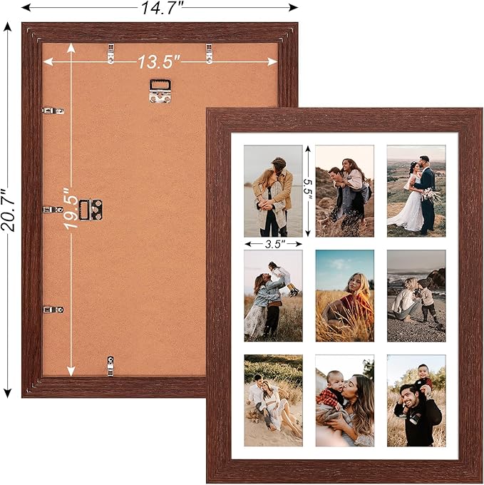 13.5x19.5 Picture Frame Display 9 opening 4X6 Picture Frame Collage,Multi Photo Frame with Mat,Plexiglass,Wall or Tabletop Decor,Walnut Wood Grain