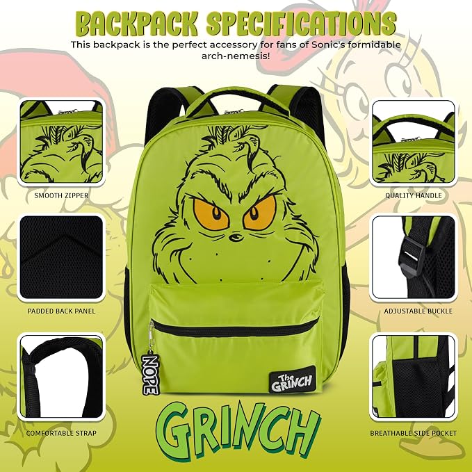 AI ACCESSORY INNOVATIONS Dr. Suess’s The Grinch Backpack for Boys & Girls Featuring a Big Face Grinch, 16”Bookbag w/Molded Nope Dangle, Green