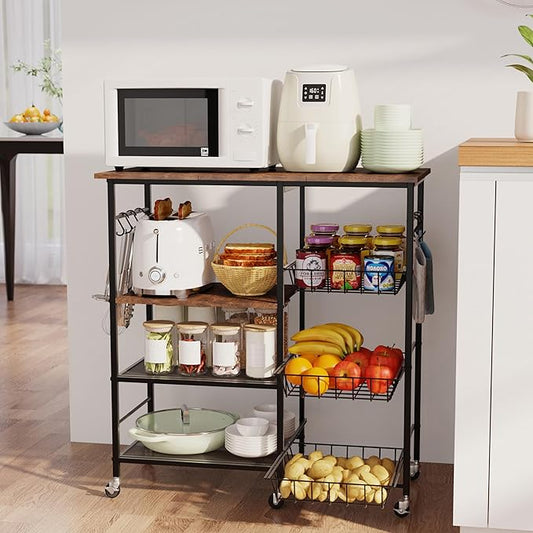 HapiRm Rolling Kitchen Microwave Cart - 4 Tier Microwave Table Stand with Pull-Out Baskets, Coffee Bar Baker's Rack with Wheels Rolling Storage Cart Organizer Shelf for Living Room Office, Balcony