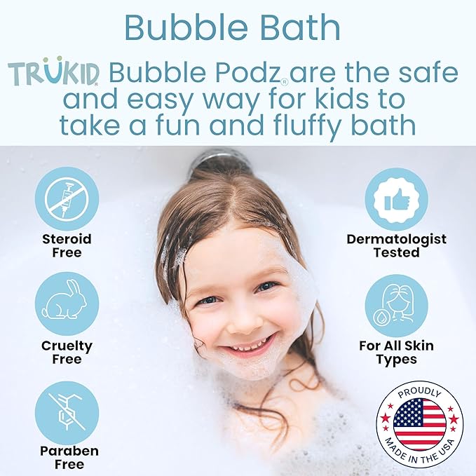 TruKid Bubble Podz Bubble Bath for Kids, Toddlers, & Babies, Tear Free Gentle & Refreshing Bath Bomb for Sensitive Skin with Natural Moisturizers, Non-Toxic, pH Balanced, Eucalyptus Scent (24 Podz)
