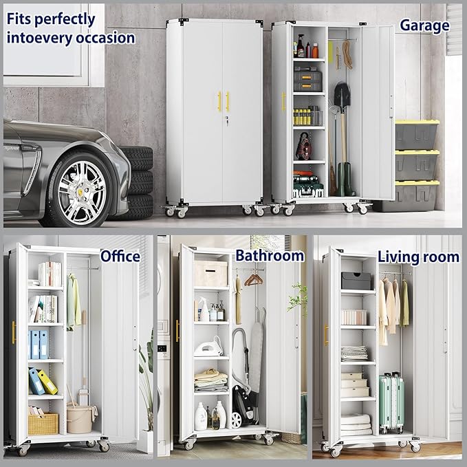 71" Broom Storage Cabinet, Cleaning Tool Storage Cabinet, Garage Utility Storage with Hooks and Hanging Rods, Heavy Duty Garden Tool Organizer, for Home, Garage, Laundry Room, Gym, Workshop