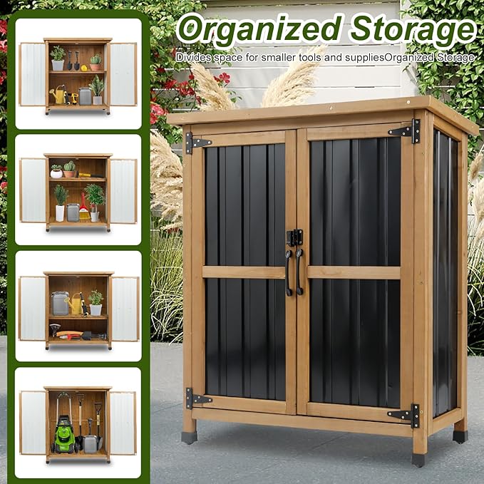 Ketive Outdoor Storage Cabinet, Wood & Metal Small Garden Tool Storage Cabinet with Weather-Resistant Asphalt Roof, Double Lockable Doors & Removable Shelves for Porch, Patio, Garden, Backyard