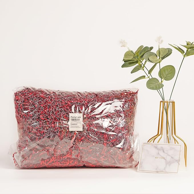Bobobag - 1LB Crinkle Cut Paper Shred Filler Recyclable Gift Wrap Confetti Raffia Grass Shiny Shred Paper for Easter Baskets Filler Creative Eggs Decor (Red)