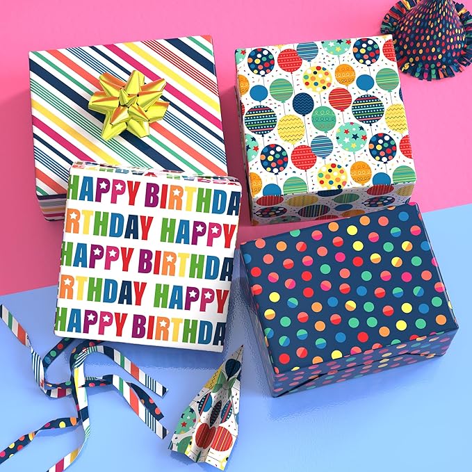 MotiGiftie Birthday Wrapping Paper for Boys Girls Women Men,12 Sheets Gift Wrapping Paper with “Happy Birthday” Polka Dots, Balloons, Colorful Stripes - Holiday Gift Wrap 20×28 Inch