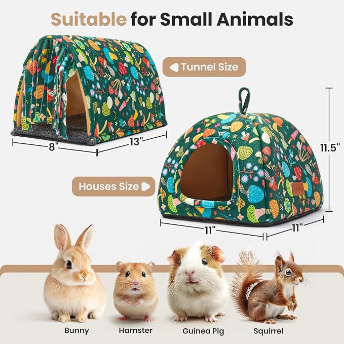 Guinea Pig Hideout Soft Large Bed Tunnel with Door Curtain 2 Pack Guinea Pig Toys Set Bunny Bed Cage Accessories for Small Animals (Blackish Green Mushroom)
