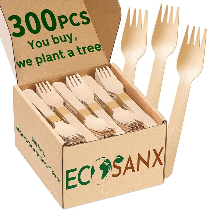 ECOSANX® 300 PCs Wooden forks for eating 6.5" Splinter Free Compostable Forks, Eco-Friendly Wooden Cutlery for Party & Outdoor, Disposable forks for Camping, Events & More