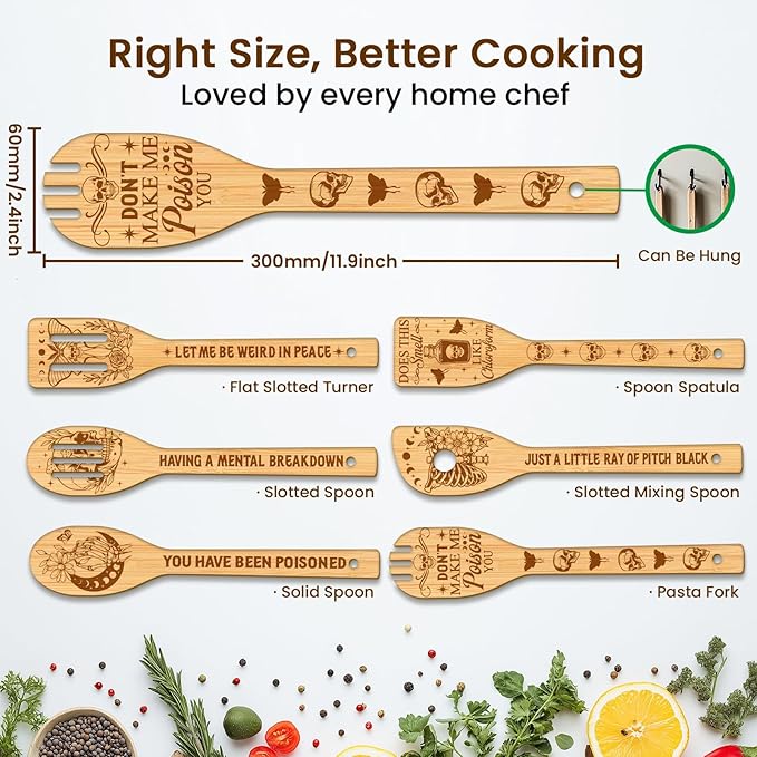CUTHOLLOW 6PCS Skeleton and Moon Wooden Kitchen Cooking Utensil Set, 11.9in Non Toxic Bamboo Wood Spoon Set for Cooking, Best Housewarming Halloween Decor Gift for Women Mother