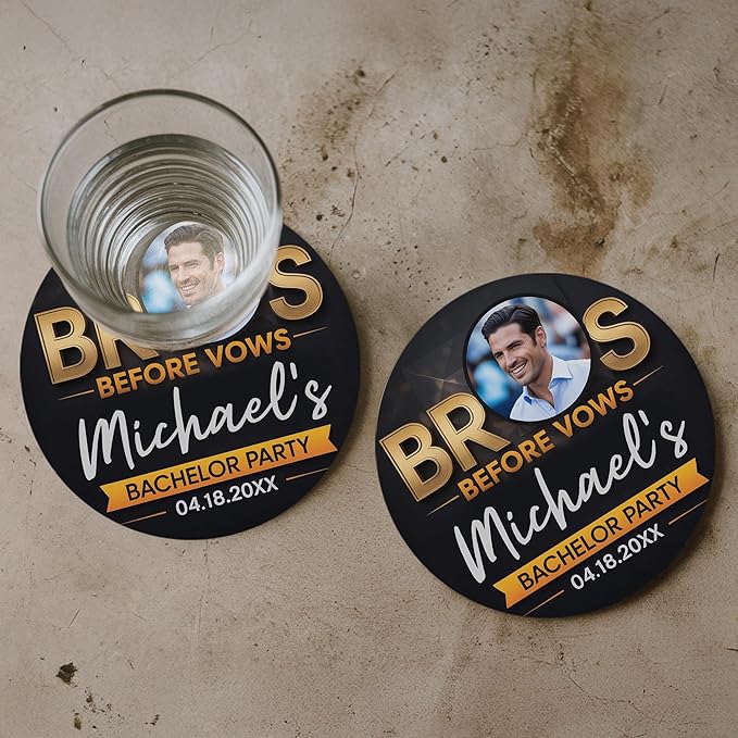 20 Pack Personalized Bachelor Party Coasters, Custom Cardboard Drink Coasters with Photo Print and Text, Fun Bachelor Party Favors and Gifts, 3.95" Round, Design 1
