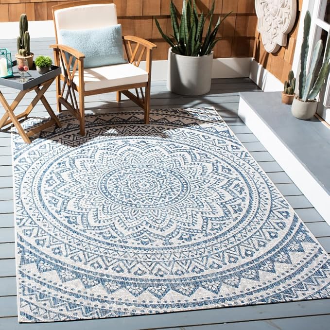 SAFAVIEH Courtyard Collection 4' x 5'7" Ivory/Navy CY8734 Indoor/ Outdoor Waterproof Easy Cleaning Patio Backyard Mudroom Area Rug