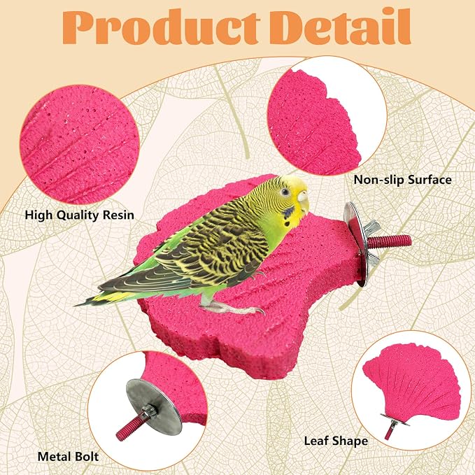 3 Pcs Bird Perch Resin Bird Beak Grinding Stone Leaf Shape Perch Stand Foot Clawing Trimmer Birds Cage Accessories for Cockatiels Conures Budgies Lovebirds (Pink)