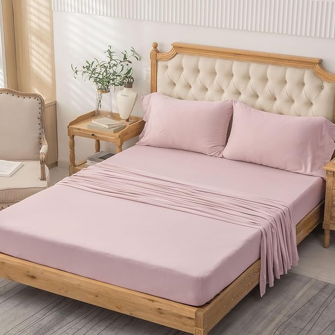 PURE ERA Jersey Knit 4pc Bed Sheet Set 100% T-Shirt Cotton Super Soft Comfy Breathable Fits Mattress Up to 20" Extra Deep Pocket (Solid Light Pink, King)