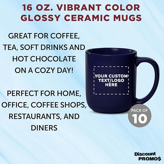 DISCOUNT PROMOS Custom Vibrant Color Glossy Ceramic Mugs 16 oz. Set of 10, Personalized Bulk Pack - Perfect for Tea, Espresso, Cappuccino, Hot Cocoa - Cobalt Blue