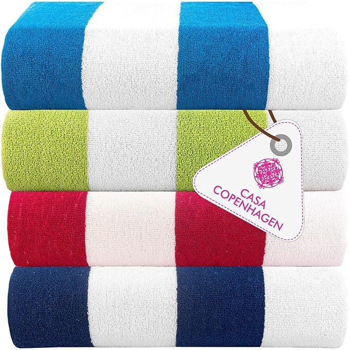 CASA COPENHAGEN Cabana Beach Towel Designed in Denmark Rough and Tough, Quick Dry, Pool, Bath & Shower 30x60 inches 4 Pieces Cotton Beach Bath Towels Set - Turquoise, Green, Pink, Royal Blue