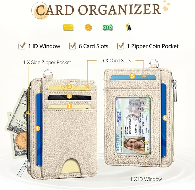 Kelvoris Credit Card Holder Small Wallet Women, Slim RFID, Beige | Keychain, Zipper Coin Pocket, Front Pocket Thin Travel Card Case, Minimalist, 6 Card Slots, 1 ID Window, Ladies Gifts Woman