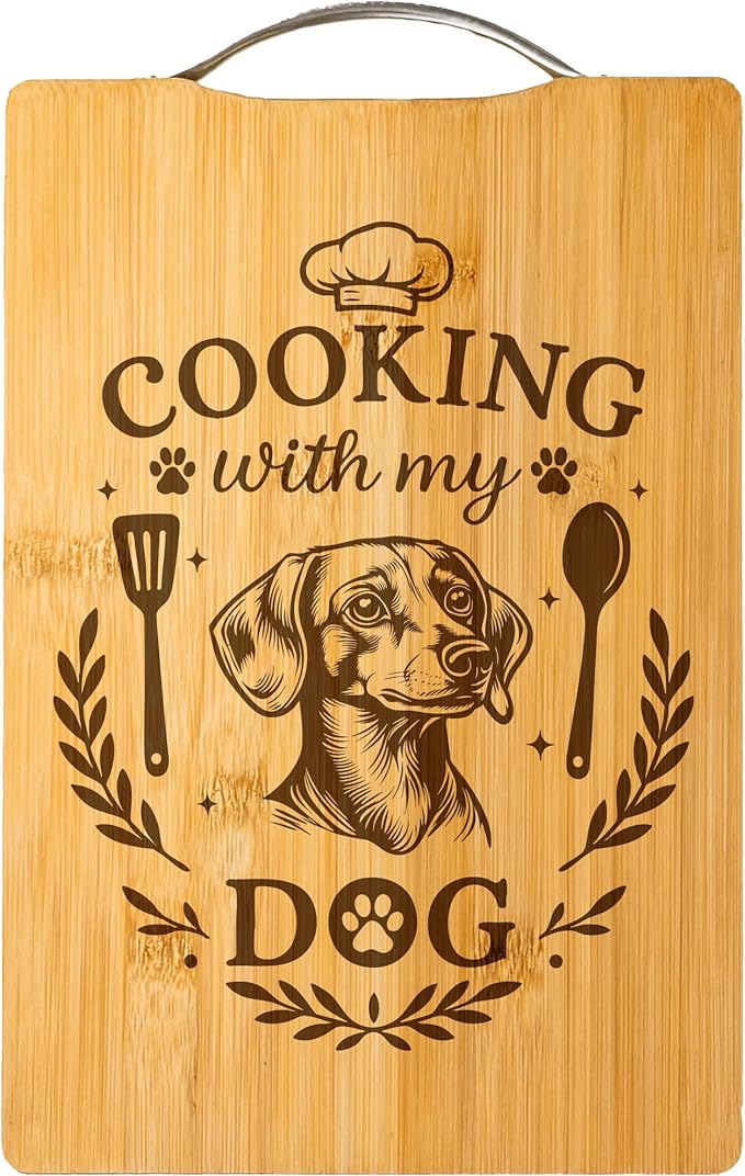 Bamboo Cutting Board, Funny Dog Lover Gift, Handmade Kitchen Decor – Cooking with My Dog (Dachshund)