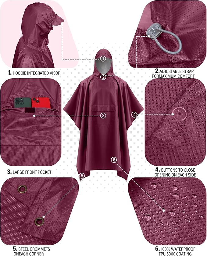iCreek Hooded Rain Poncho Packable Unisex Raincoat Jacket with Pocket Waterproof Lightweight for Hiking, Camping, Outdoor