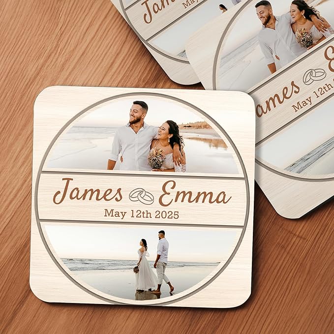 20 Pack Personalized Wedding Coasters, Custom Cardboard Coasters for Drinks with Photo Print and Text, Keepsake Wedding Favors and Gifts for Couples, 4x4 Square, Design 5