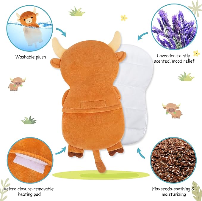 Microwave Heating Pad for Cramps & Period Pain Relief, Highland Cow Microwavable Heating Pad for Women and Kids, Cow Plush Heat Pack for Neck Shoulder Knee, Warmer Pad for Birthday Mother's Day