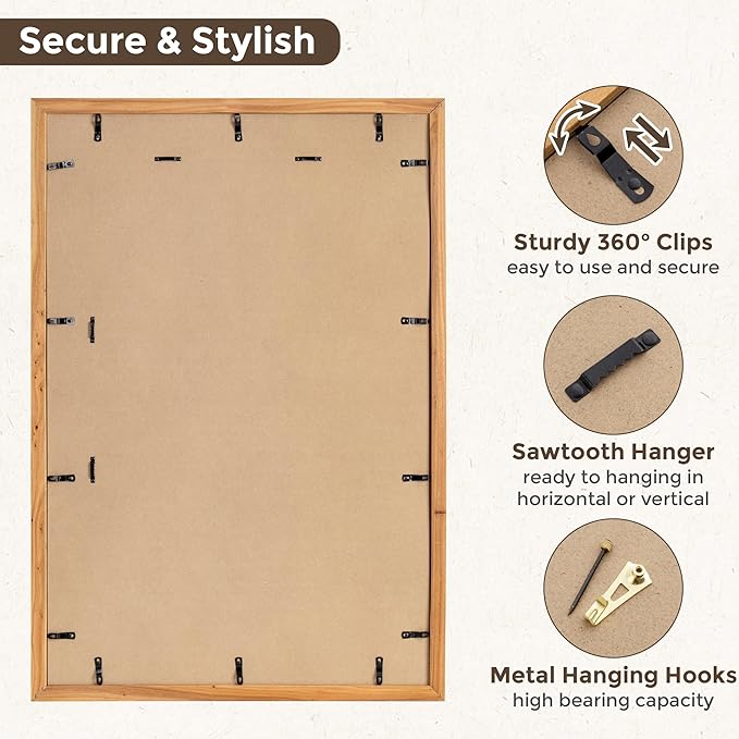 Fun Memories 24x 36 Poster Frames, 24 x36 Solid Wood Picture frame, Picture Frame 20x30 with Mat or 24 x 36 Without Mat, 24x36 Large Picture Frame with Tempered Glass for Wall Mount, Natural, 1 Pack