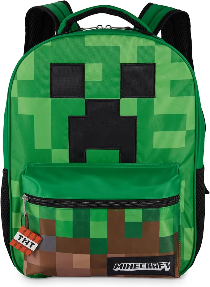 AI ACCESSORY INNOVATIONS Minecraft Backpack for Boys & Girls, Big Face Creeper School Bag with Front Pocket, TNT Rubber Molded Dangle, Green